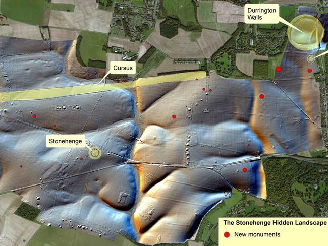 Ancient landscape ... The geological survey map showing some of the new structures discovered around Stonehenge. Source: Stonehenge Hidden Landscapes Project