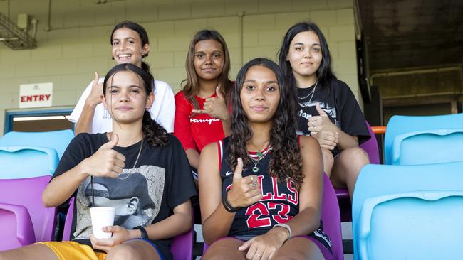 Aleyah may, Mahlia Vincent, Keleigha Young, Latisha Forrester and Alma-ray Cadell at the NTFL prelim finals on Saturday afternoon. Picture: Floss Adams.