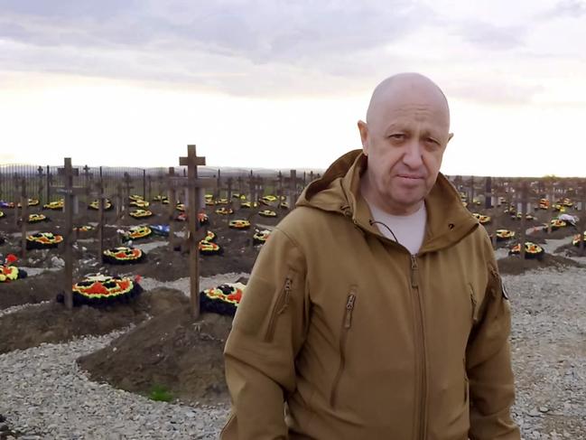 Chief of Russian mercenary group Wagner, Yevgeny Prigozhin at a cemetery for fallen Wagner fighters. Picture: AFP