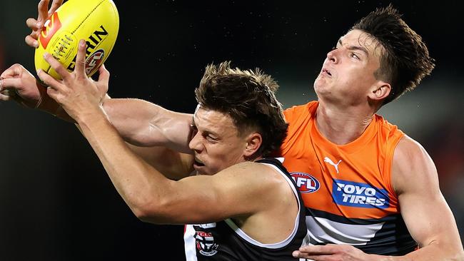 Jack Hayes fights for the ball before his season-ending knee injury. Picture: Getty Images