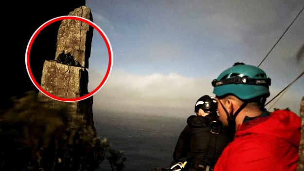 Two climbers rescued from the top of the Totem Pole at Cape Huoy on the Tasman Peninsula on Wednesday night. Picture: Tasmania Police