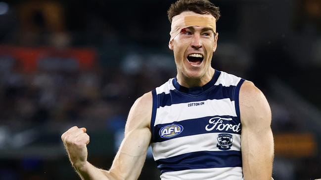 MELBOURNE, AUSTRALIA - MARCH 23: Jeremy Cameron of the Cats celebrates a goal during the 2023 AFL Round 02 match between the Carlton Blues and the Geelong Cats at the Melbourne Cricket Ground on March 23, 2023 in Melbourne, Australia. (Photo by Michael Willson/AFL Photos via Getty Images)