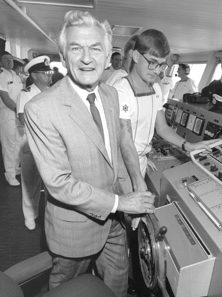 Bob Hawke steering HMAS Success on its return from the Gulf War to Adelaide in 1991.