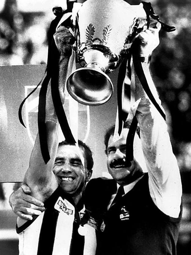 And Lethal celebrating Collingwood’s 1990 grand final victory with Magpies skipper Tony Shaw.