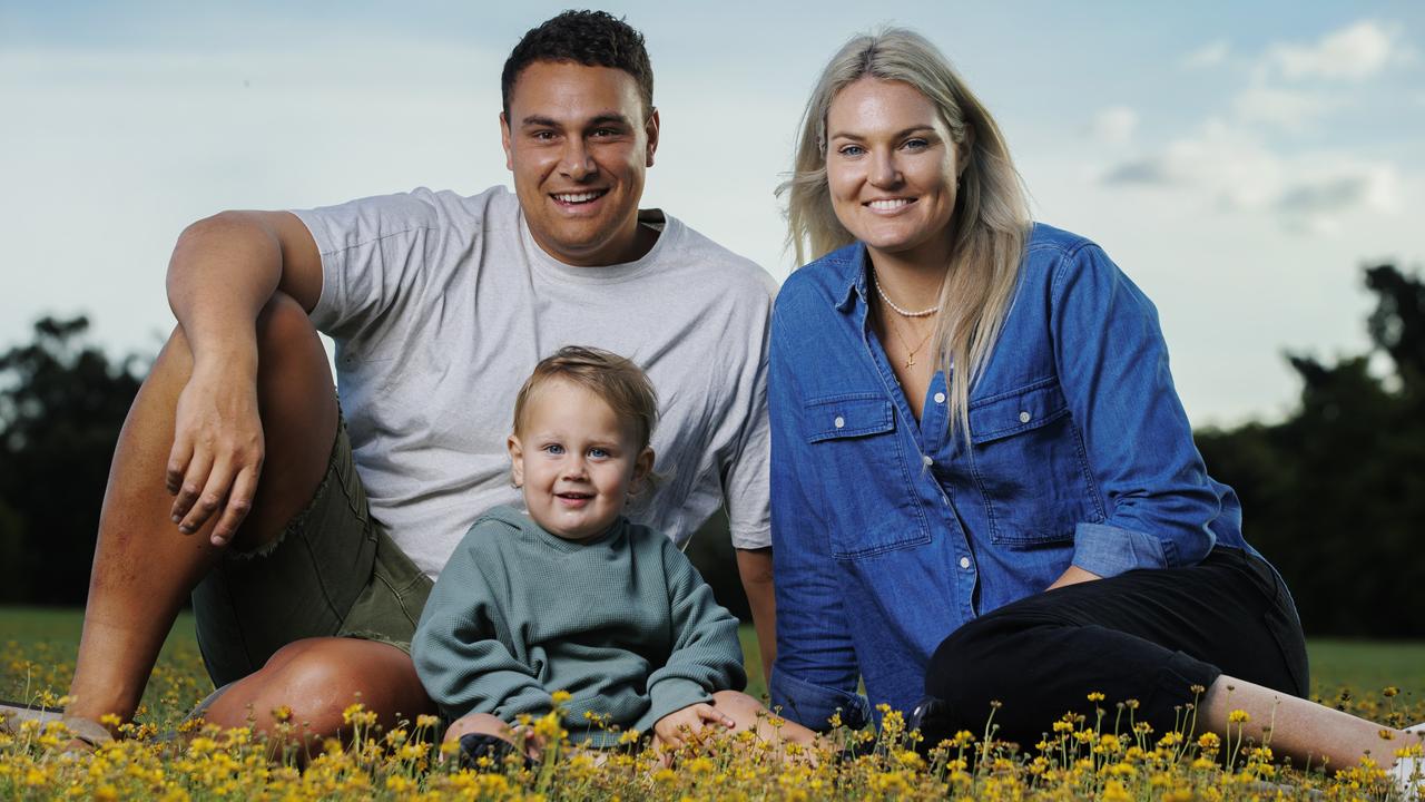 Firebirds star Gretel Bueta pictured with husband Niko and son Bobby. Picture: Lachie Millard