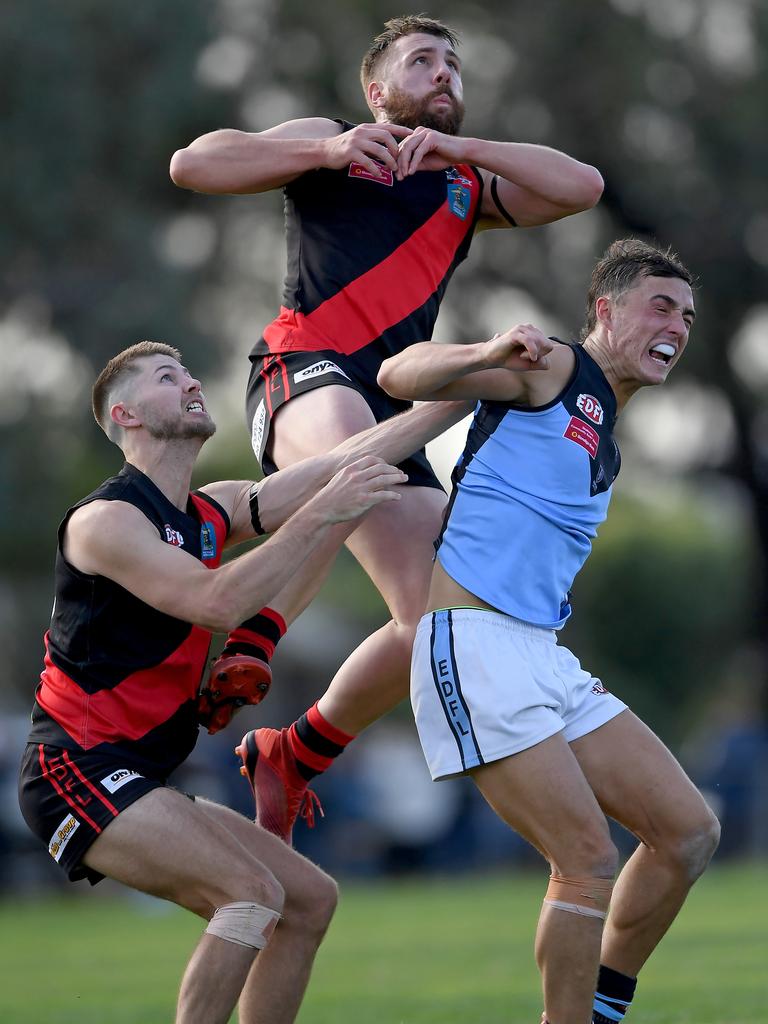 Essendon District: Pascoe Vale’&#149;s Jacob Polizzi launches over the pack against Aberfeldie. Picture: Andy Brownbill