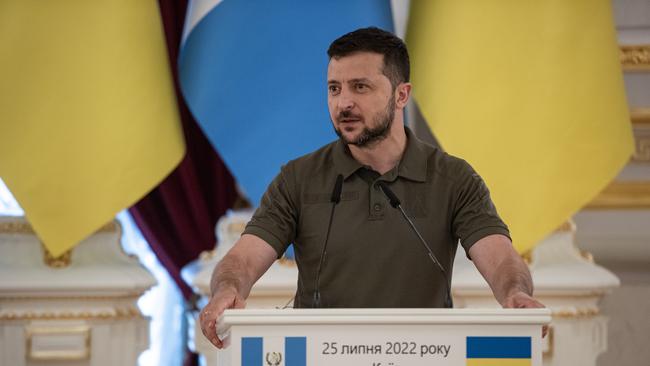 Ukrainian president Volodymyr Zelensky speaks during a joint press conference with President of Guatemala Alejandro Giammattei. (Photo by Alexey Furman/Getty Images)