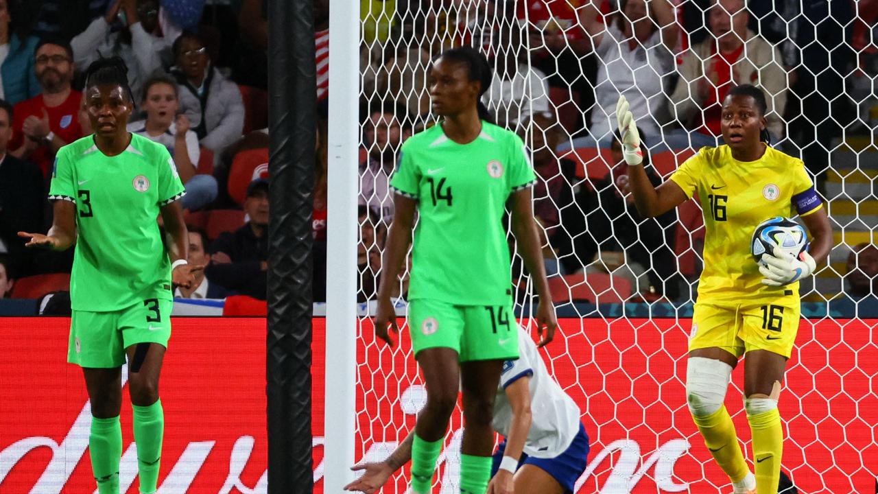 Nigeria's goalkeeper Chiamaka Nnadozie reacts after the penalty was initially awarded to England. Picture: AFP