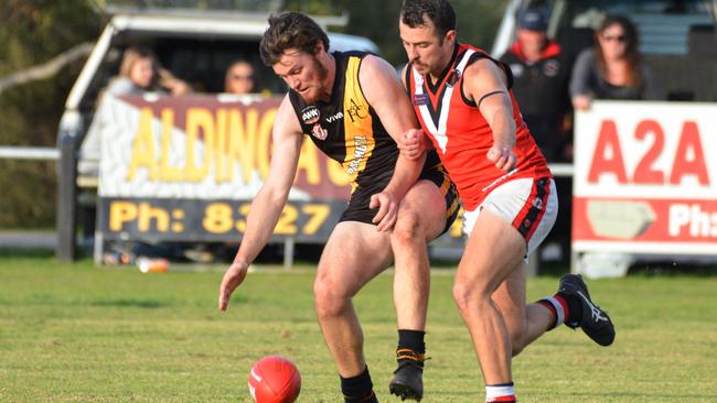 Action from a Southern Football League match between Aldinga and Christies Beach at Aldinga Oval, which will be included in the sports park transformation. Picture: AAP/Brenton Edwards