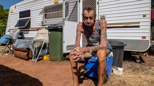 Tiny town of Larrimah in the Northern Territory where police are investigating the disappearance of  Paddy Moriarty. Billy 'Lighten' Hodgetts pictured at his caravan outside the Pink Panther Hotel in Larrimah NT.Picture By Amos Aikman/The Australian