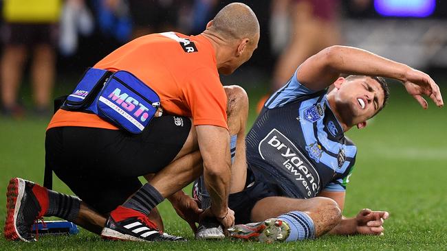 Nathan Cleary goes down with an ankle injury in the first half. Picture: AAP