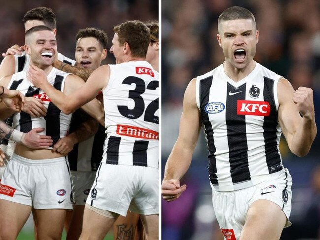 Lachie Sullivan surrounded after kicking his first goal. Photos: Getty Images