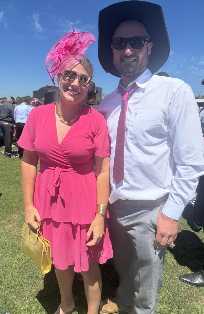 Rachel Greenslade and Thomas Bruggy at the Melbourne Cup at Flemington Racecourse on November 5, 2024. Picture: Phillippa Butt