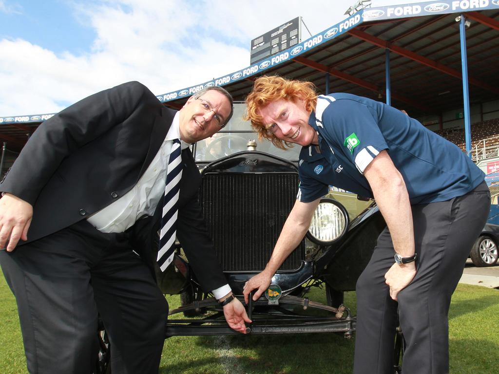 Geelong Football Club and Ford Announcement President and CEO Ford Australia Bob Graziano with GFC Captain kickstart the Model T Ford