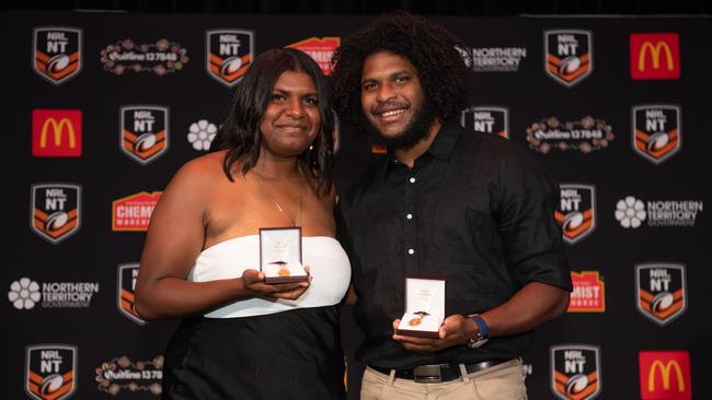 Ellie Niki and Caleb Niki at the 2023 NRL NT Frank Johnson / Gaynor Maggs medal night. Picture: Pema Tamang Pakhrin