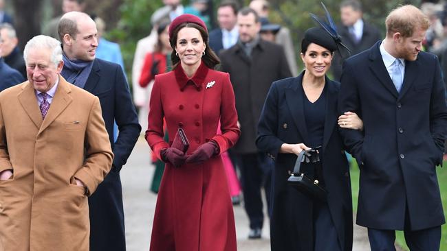 Harry and Meghan on Christmas Day, 2018, with William and Kate and the brothers’ father Charles. Picture: AFP