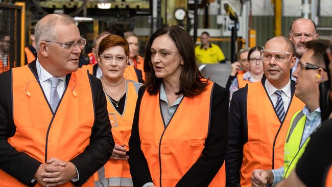 Prime Minister Scott Morrison in Parramatta with Josh Frydenberg MP, Senator Marise Payne, Ben Morton MP, Ms Maria Kovacic, Liberal Candidate for Parramatta Chris Taylor CEO of Rheem Australia Steve McRae, Operations Manager, Rheem Australia, and Gareth Jennings, General Manager of Rheem Australia. Picture: Jason Edwards