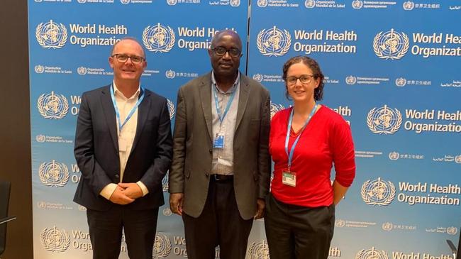 Associate Professor Daniel O'Brien and epidemiologist Dr Bridgette McNamara from the Barwon South West public health unit with the World Health Organisation's Dr Kingsley Asiedu (centre) in Geneva. Picture: Supplied