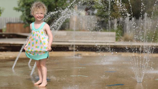 Lily, 2, playing in the water park. Picture: Alex Coppel