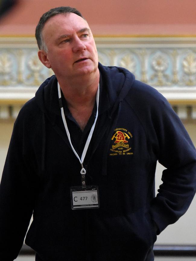 United Firefighter’s Union boss Peter Marshall arrives at Parliament House to give evidence at the bushfire preparedness hearing. Picture: Nicole Garmston