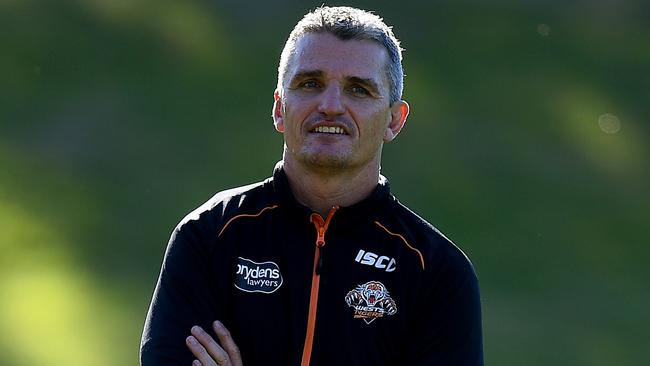 Wests Tigers coach Ivan Cleary looks on during a training session.