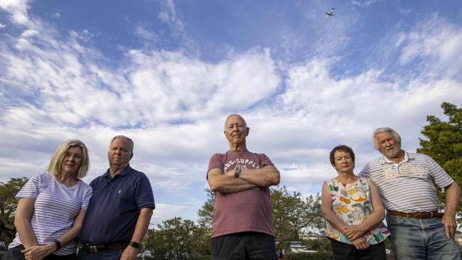 New Farm residents Sue Fuller, Paul Ewart, Fred Ropp, Brownwyn Wright and Geoffrey Warrener in 2020 when noise first became a problem in their suburb. Picture: Glenn Hunt/The Australian