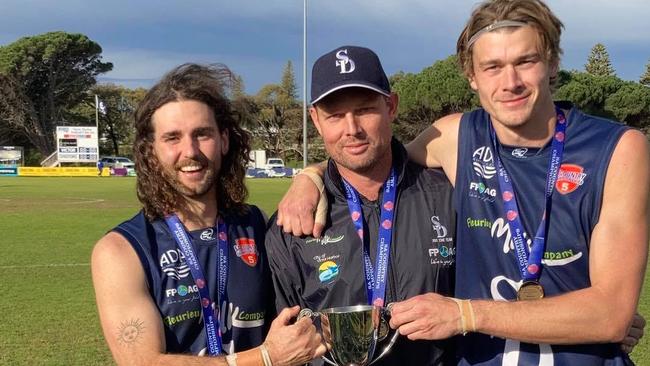 Cohen Pettitt (left) with Encounter Bay coach Scott Wendelborn and Callum Tonkin. Picture: Encounter Bay Football Club