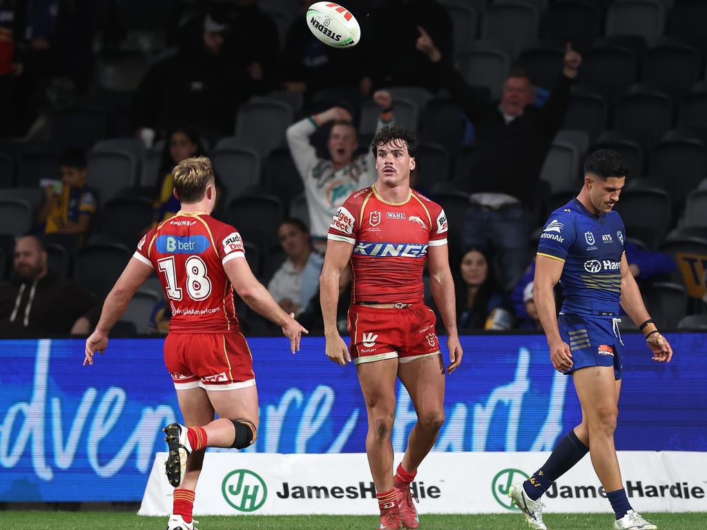 Herbie Farnworth celebrates with teammates after scoring a try. Picture: Matt King/Getty Images