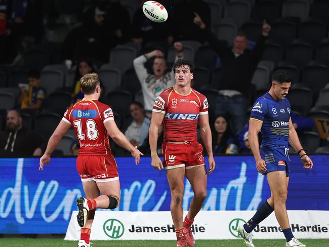 Herbie Farnworth celebrates with teammates after scoring a try. Picture: Matt King/Getty Images