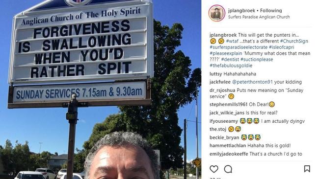 Surfers Paradise Member of Parliament John-Paul Langbroek takes a selfie outside the Anglican Church of the Holy Spirit, which displays an awkward sign. Photo: Instagram