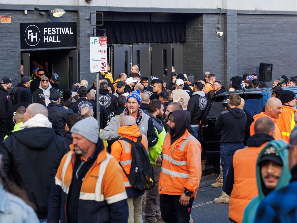 CFMEU members outside Festival Hall during the vote. Picture: Aaron Francis