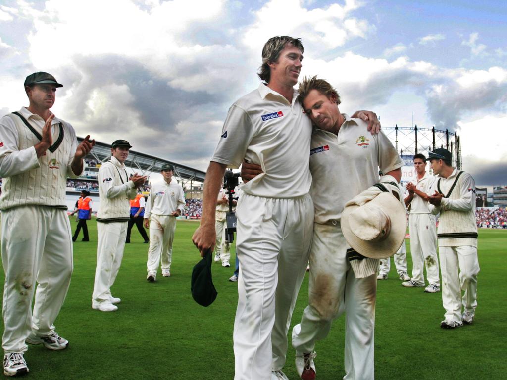 ASHES Tour 2005 – 5th Test – Australia v England at The Oval. At the end of the England innings Glenn McGrath and Shane Warne leave the field for the last time in an Ashes in England. Picture: Phil Hillyard.