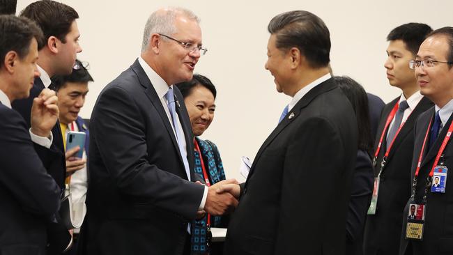 Australian Prime Minister Scott Morrison meets with Chinese President Xi Jinping during the G20 in Osaka, Japan in June, 2019. Picture: Adam Taylor/PMO