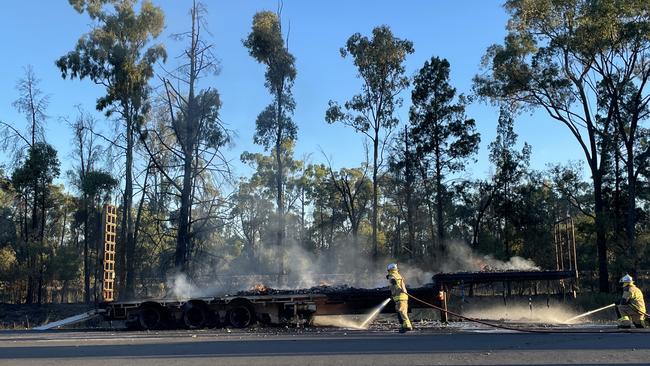 Fire crews fought a blaze on the Warrego Highway for hours, after a hand sanitiser truck caught alight on Tuesday afternoon between Chinchilla and Miles. Photo: Jacklyn O’Brien.