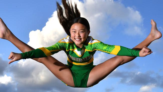 Karnon Minami, 12yo cheerleading dynamo. Just returned from USA where she represented Australia and won silver. Wednesday May 29, 2024. Picture, John Gass