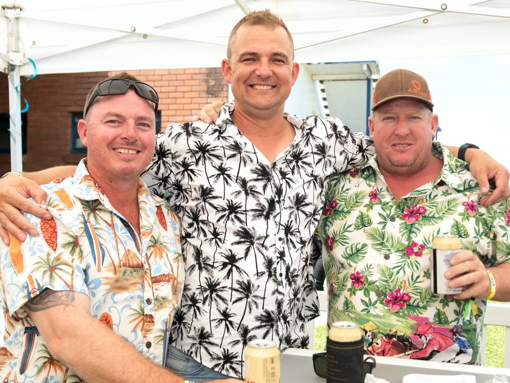 Dan Hopf, Mick Durbridge and Geoff Dixon at the Hawaiian Christmas Race Day. Mackay Turf Club, Ooralea. Picture: Michaela Harlow