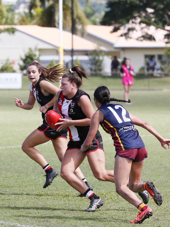 Saints' Rickie Fielding and Poppy Boltz were a formidable pair in the midfield during the AFL Cairns Women's match between the Cairns Saints and the Cairns City Lions, held at Griffiths Park, Manunda. Picture: Brendan Radke