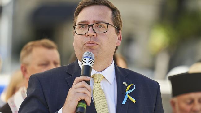 John Gardner speaking at Pray for Ukraine in Adelaide, Sunday, March 13, 2022. Picture: MATT LOXTON