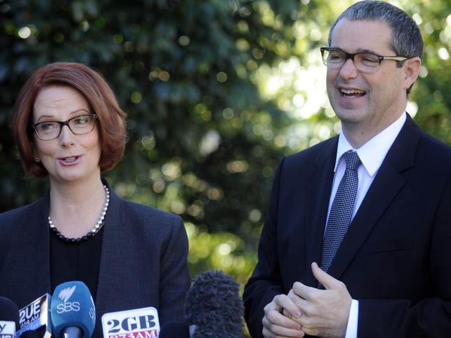 Former prime minister Julia Gillard and communications minister Stephen Conroy in 2013: Picture: Jeremy Piper