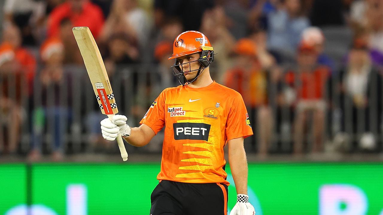 Aaron Hardie celebrates his half century during the Men's Big Bash League. Picture: Paul Kane