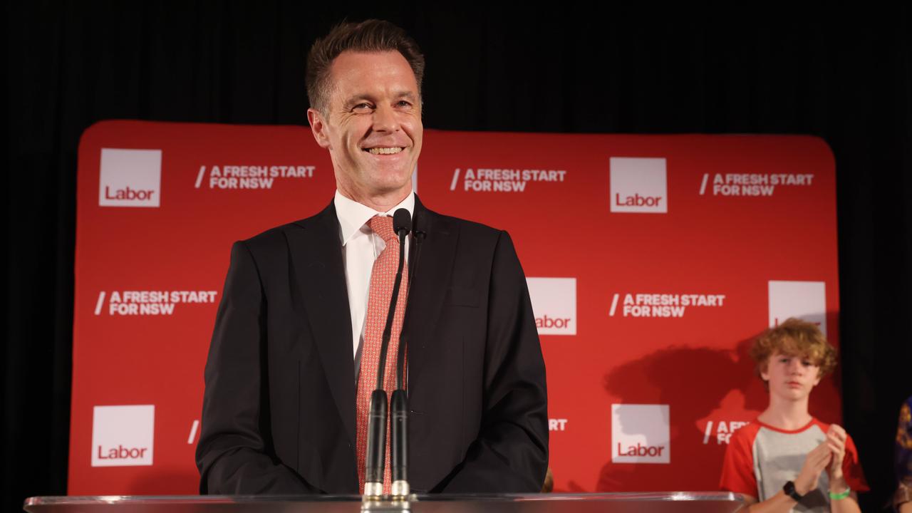 NSW Labor leader Chris Minns holds the election night party at the Novotel Hotel In Brighton-le-sands. He took to the stage after winning the election. Picture: NCA NewsWire / David Swift