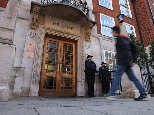 Police officers stand guard outside the London Clinic, where King Charles and Catherine, Princess of Wales underwent surgery. Picture: AFP