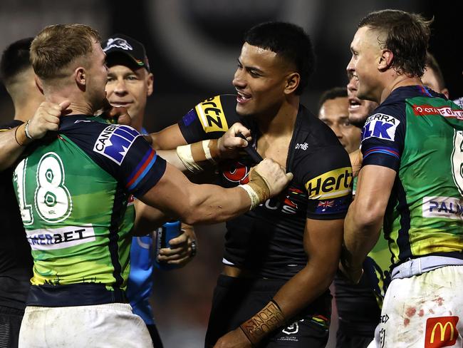 PENRITH, AUSTRALIA - APRIL 24:  Stephen Crichton of the Panthers and Jack Wighton of the Raiders melee following the round seven NRL match between the Penrith Panthers and the Canberra Raiders at BlueBet Stadium on April 24, 2022, in Penrith, Australia. (Photo by Matt Blyth/Getty Images)