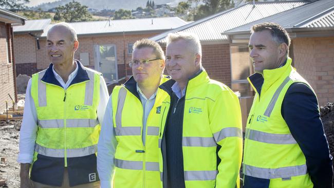 Guy Barnett MP, St Joseph's Affordable Homes CEO Ben Wilson, Premier Jeremy Rockliff and Executive Director at Archdiocese of Hobart Chris Ryan at a Rokeby housing project. Picture: Chris Kidd