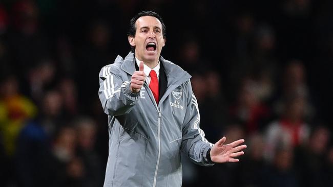 Arsenal manager Unai Emery shouts instructions to his players during their Europa League loss to Eintracht Frankfurt. Picture: AFP