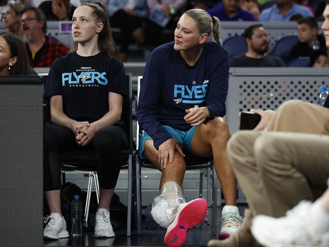 An injured Lauren Jackson looks on from the bench during the round 13 WNBL match between Southside Flyers and Sydney Flames at John Cain Arena. Photo: Daniel Pockett/Getty Images.