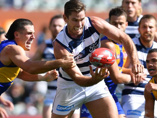 Tom Hawkins dishes a handball. Picture: Mark Brake/Getty Images