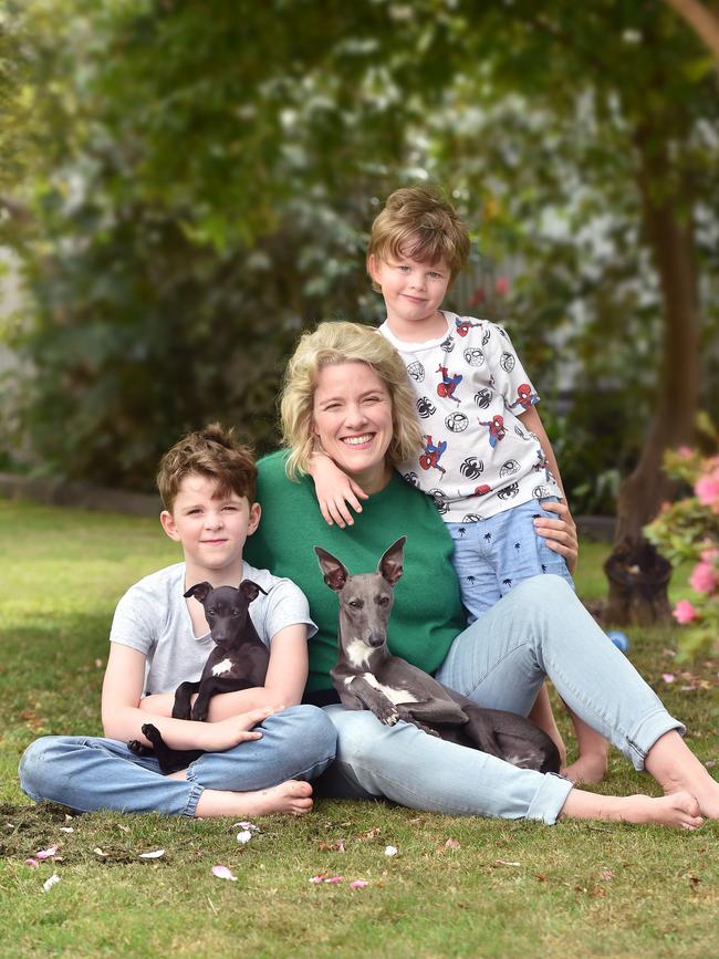 Clare O'Neil at home with sons Elvis, 7, Louis, 4 and dogs Clover and Blossom. Picture : Nicki Connolly