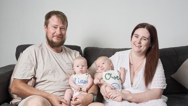 Cassandra Oest with Liam and Jake Oest with Owen at home in Elizabeth Vale. Picture: Matt Loxton