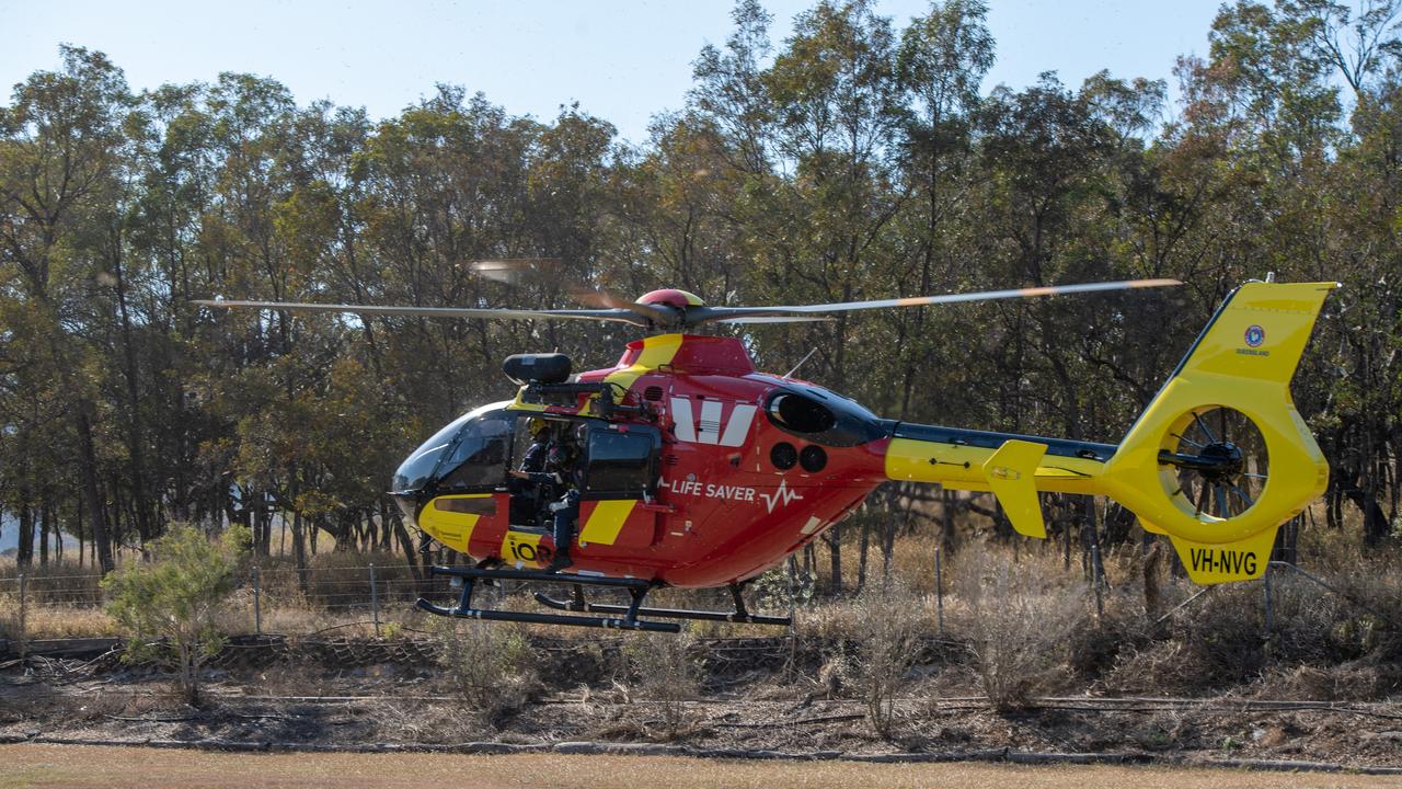 SLSQ Westpac helicopter lands at Mount Whitestone State School for Beach to Bush 2020. PHOTO: ALI KUCHEL